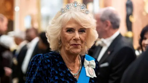 Queen Camilla wearing a tiara and blue and black dress at an event.