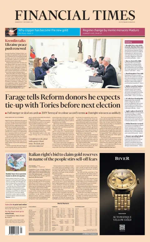 "Farage tells Reform donors he expects tie-up with Tories before next election" reads the headline on the front page of the Financial Times.