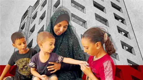 Hadeel holds her son, who reaches out to his sister. Her other son is pictured on her left. A stylised image of the Skeik building is in the background.