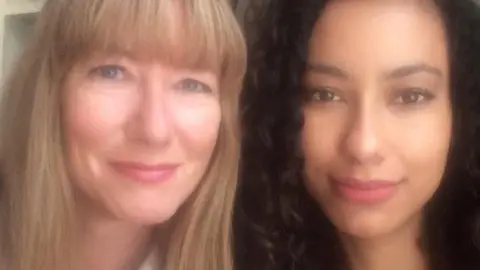 Sinead Gibson  On the left, Ms Gibson with long blonde hair and a fringe, and her daughter, on the right, with sunglasses on the top of her head and dark brown hair