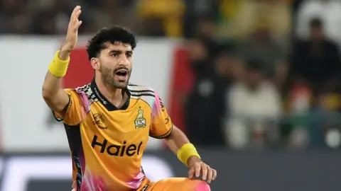Sufyan Moqim appeals for a wicket while in action for Peshawar Zalmi.