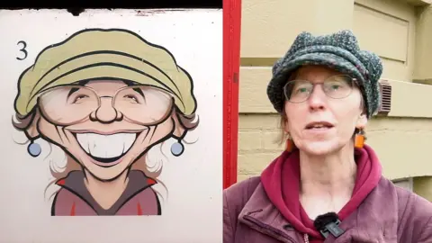 Zoe Barker standing next to a caricature of herself, drawn by Adam Brown