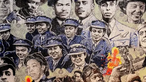 Paula Ogun Hector Image of the tapestry, with blue, cream and yellow stitching with faces of Wolrd War 2 veterans looking out to the viewer.