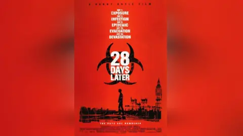 Kirkgate Arts Centre A film poster for 28 Days Later. The title and cast are written in white, against a red background. The poster features a black silhouette of London landmarks and a man walking through the city