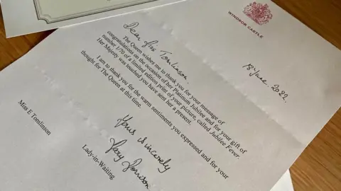 Eleanor Tomlinson Thank you letter sent by The Queen's Lady-In-Waiting