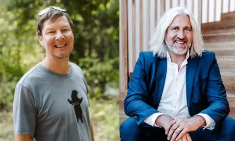 Composite image showing Lorne Warbburton on the left and Christian Ege on the right. Lorne Michaels is shown smiling while looking at the camera. He is wearing a grey shirt with a black bear bearing the words 'hug', with short brown and grey hair and sunglasses on his head. He is standing in front of an out of focus green wooded area. Christian Ege is shown with shoulder-length grey hair and beard sitting on some wooden steps. He is wearing a blue suit with a white shirt with the top buttons unopened.