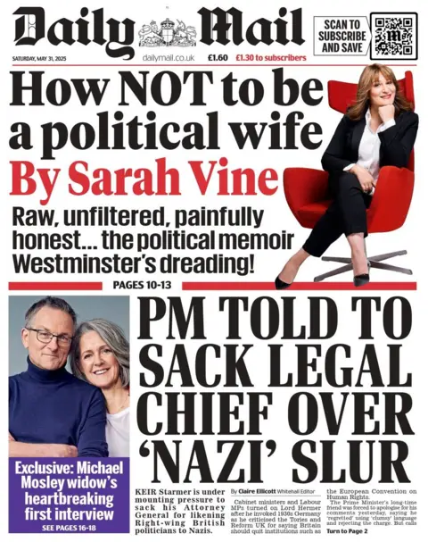 The Daily Mail headlines read: How not to be a political wife by Sarah Vine. And below, there's a headline that reads: PM told to sack legal chief over 'nazi' slur. 