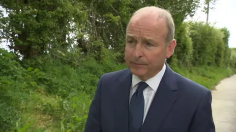 RTÉ Taoiseach (Irish prime minister) Micheál Martin wearing a blue jacket, blue tie and white shirt, is seen standing at the side of a country road with trees and grass on the layby as he speaks to RTÉ News following the death of Garda (Irish police officer) Kevin Flatley