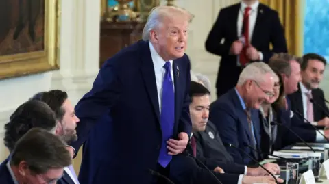 Donald Trump stands, one hand on his blue tie, at a table at which several other people are seated, in a formal room in the White House.