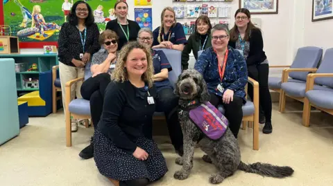 Nine women posing for a photo alongside a grey poodle with a purple coat on.
