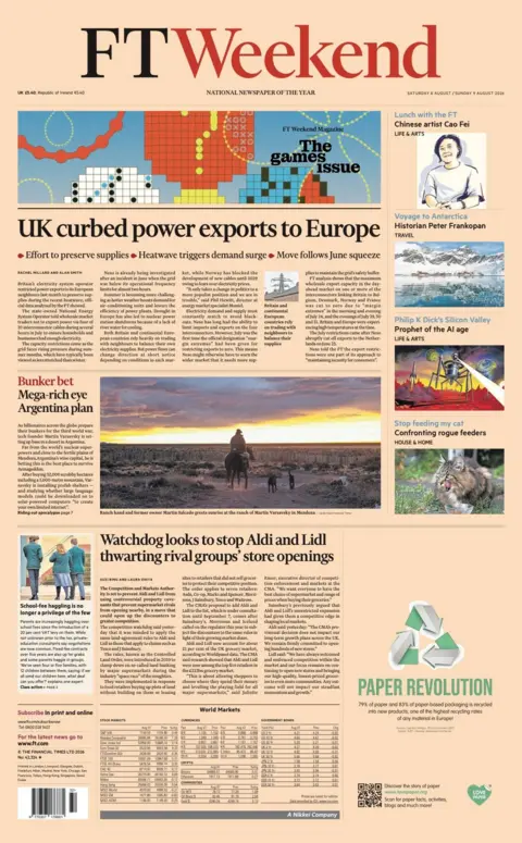 The headline on the front page of the FT Weekend reads: “UK curbed power exports to Europe”.