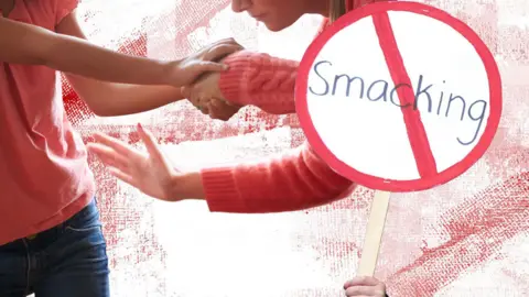 A composite image of a woman appearing to strike a child and a sign that says smacking with a red line through it