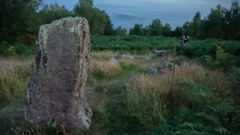 An ancient stone, about 6ft tall, stands up vertically among dense ferns and green foliage on a hillside. On the horizon two police officers can be stood looking at the scene.