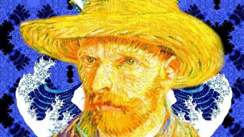 Luxmuralis Artwork featuring self-portrait of Vincent van Gogh in a straw hat with a blue and white swirly background.