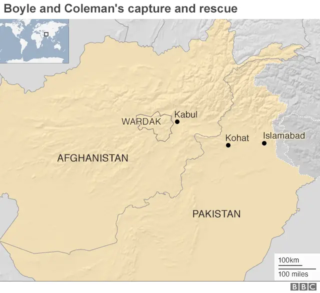 BBC A map showing where Boyll and Coleman were captured and rescued