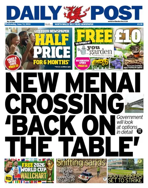 Daily Post The front page of Daily Post. The main headline reads: New menai crossing 'back on the table'