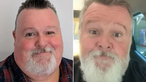 Two images of the same man side by side. On the left Steffen Peddie, a man in his 50s with a grey goatee beard and slicked back dark hair is smiling. He has a round, chubby face and is large around his neck and shoulders. In the right hand image Steffen is wearing a black t shirt with a yellow printed design on and his face is visibly slimmer. His grey beard is also much longer.