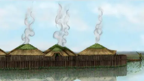 V Herring/Cambridge Archaeological Unit An artist's impression of the Bronze Age of roundhouses surrounded by water and a person on a boat at Must Farm 