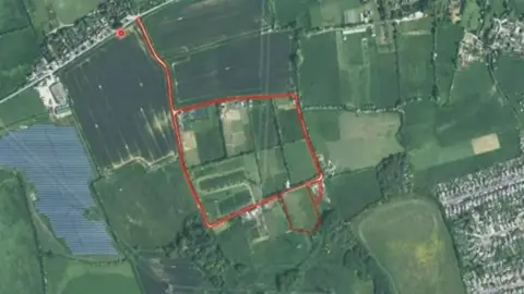 A map of a small section of countryside, with a red square border drawn over it to indicate the proposed site for the battery facility