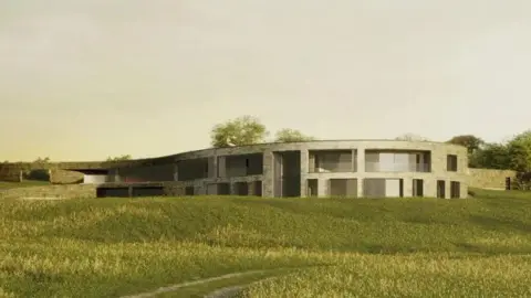 CGI of futurist mansion in hillside