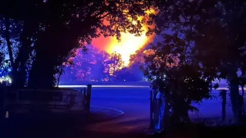 Handout A nighttime image of the fire while it was still alight. Large flames are floating up into the air in the distance of the image, behind some trees while in the foreground of the image are the black silhoettes of some trees either side of a wooden farm gate.
