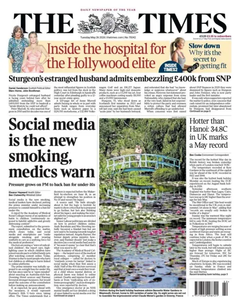 "Social media is the new smoking, medics warn" reads the headline on the front page of the Times.