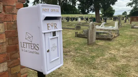 A white postbox with the words letters to lost loved ones on the left is near a wall on the left. Graves and trees are in the background on the right.