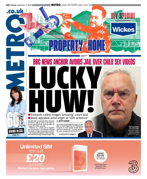 The Metro headline reads "lucky Huw"