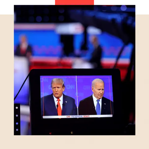 Getty Images A photo of a TV monitor with Donald Trump and Joe Biden on it from the first presidential debate. Defocussed one can see the outline of the two men for real