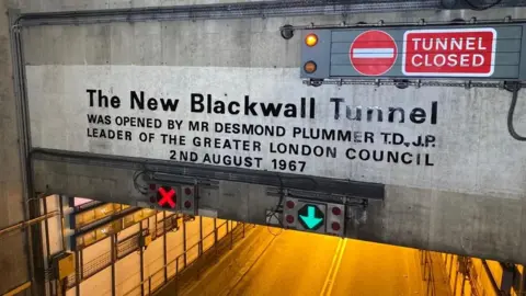 TfL Blackwall Tunnel with closed no entry sign