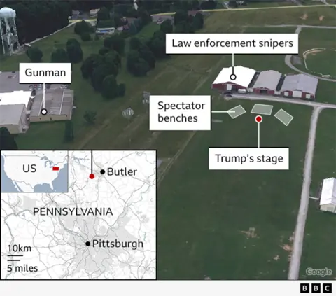 map showing distance from shooting suspect thomas matthew crooks to trump