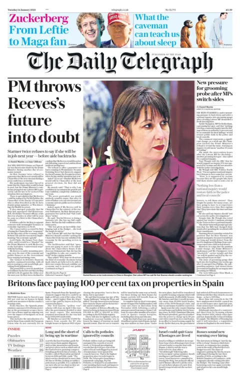 Judul di halaman depan Daily Telegraph berbunyi: "PM membuat masa depan Reeves diragukan"