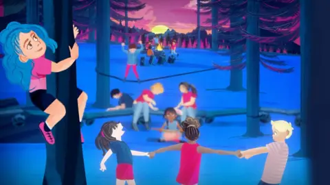 Fit Mums and Friends/ Bruna Martini Films A freeze frame from an animated film shows a forest scene, with pine trees in the foreground and the sun setting behind mountains. A child is climbing a tree, three others are holding hands and in the background, children are climbing ropes and sitting round a campfire.
