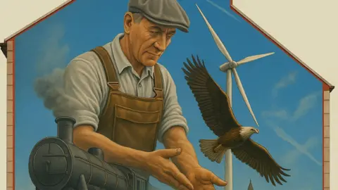 An illustration showing a worker in a flatcap , a wind farm, an eagle and a steam train 