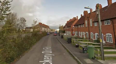 General view of road with red terrace homes along one side and green bushes on the other.