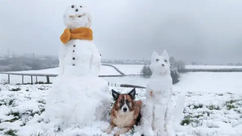 BBC Weather Watcher Donge A snowman and snowdog alongside a real dog