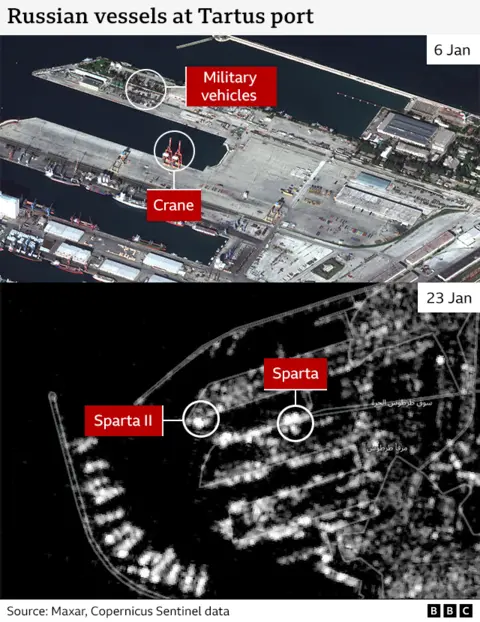 Grafik BBC yang menunjukkan citra satelit pelabuhan Tartous. Gambar atas menunjukkan foto yang jelas dari pelabuhan kosong dari tanggal 6 Januari. Gambar bawah menunjukkan foto beresolusi lebih rendah yang menunjukkan kapal-kapal tersebut pada tanggal 23 Januari. 