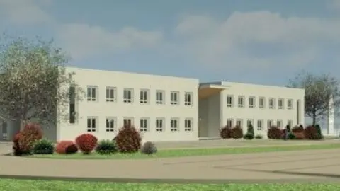 An artist's impression picture of a two-storey building with a large entrance in between and trees and bushes and parking area outside.