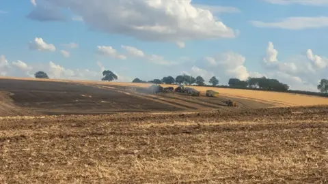 A large agricultural field with a wide area of blackened ground after a fire, surrounded by golden harvested crops. Several emergency and farm vehicles in the distance beneath a blue sky with large white clouds.