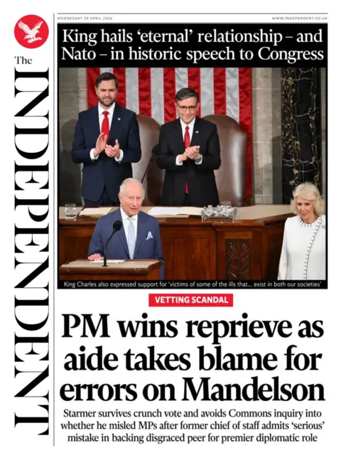 The headline on the front page of the Independent reads: "PM wins reprieve as aide takes blame for errors on Mandelson."