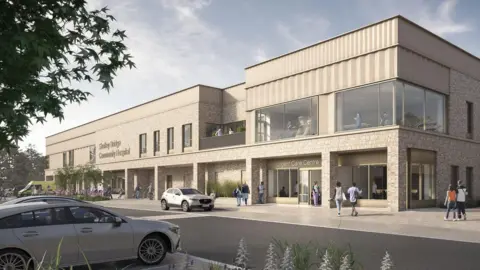 Medical Architect An artist's visualisation of the two-storey grey brick building with large windows. A sign on the front reads Shotley Bridge Community Hospital.