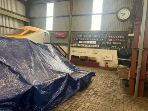 Midland Railway - Butterley Tarpaulin over items inside the exhibition hall