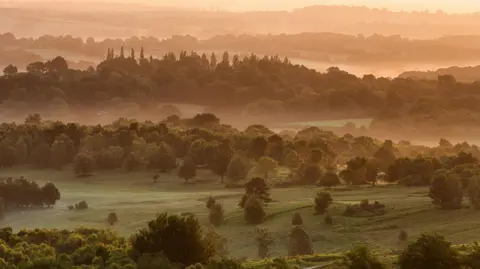 Sunrise looking over the weald of ashdown forest in sussex, UK 