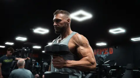 Stevie Dyer Brendan Pearl is holding two 25kg dumb bells, behind him are other people on various machines and equipment in a gym. He has a serious expression as he tenses his arm to lift the weight.