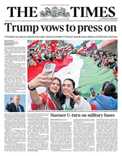The headline on the front page of the Times reads: “Trump vows to press on”.