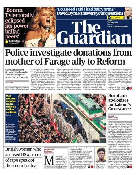 The headline on the front page of the Guardian reads: 'Police investigate donations from mother of Farage ally to Reform.'