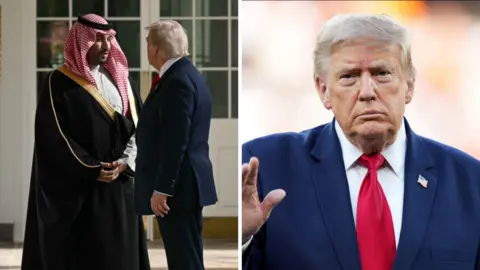 A man in traditional Saudi dress shakes hands with a man in a blue suit. Right, a man in a blue suit and red tie.