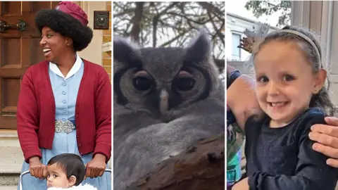 A composite of three images in the first an actress from Call the Midwife in a nurse's uniform is smiling and pushing a child in a pram. In the mdidle a grey owl looks straight ahead. In the third a young girl, Layla, is amiling and wearing a dark dress.