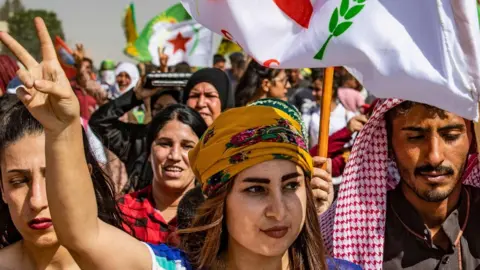 AFP Syrian Kurds protest against Turkey in Ras al-Ain, Hassakeh province, on 6 October 2019