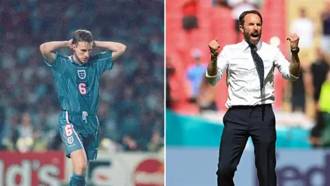 Getty Images Split screen of Southgate after his penalty miss in 1996 and in the England v Croatia game in 2021.